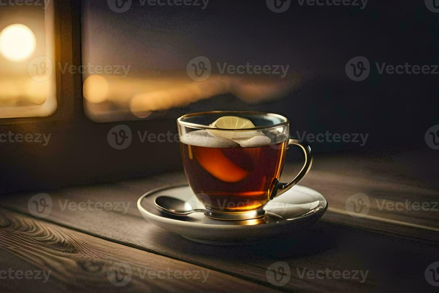 a cup of tea on a wooden table. AI-Generated photo