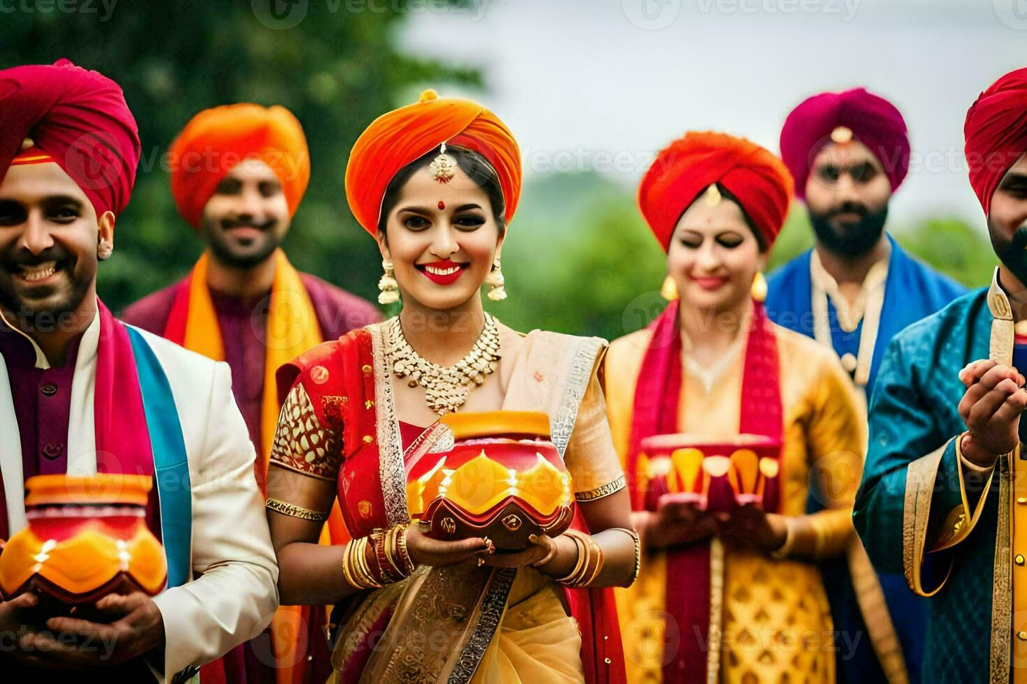 indio Boda fiesta con un grupo de personas en vistoso turbantes. generado por ai foto