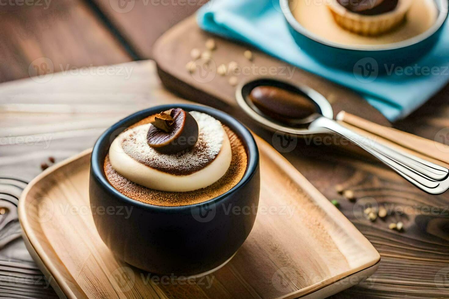 a dessert in a cup on a wooden table. AI-Generated photo