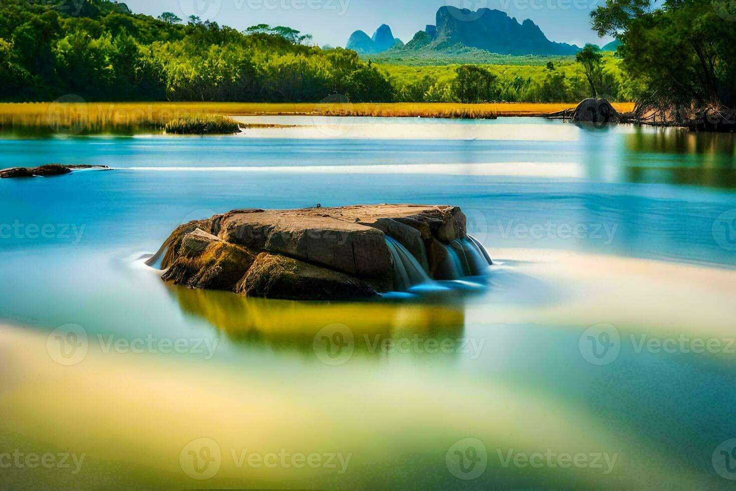 a rock in the middle of a river with mountains in the background. AI-Generated photo