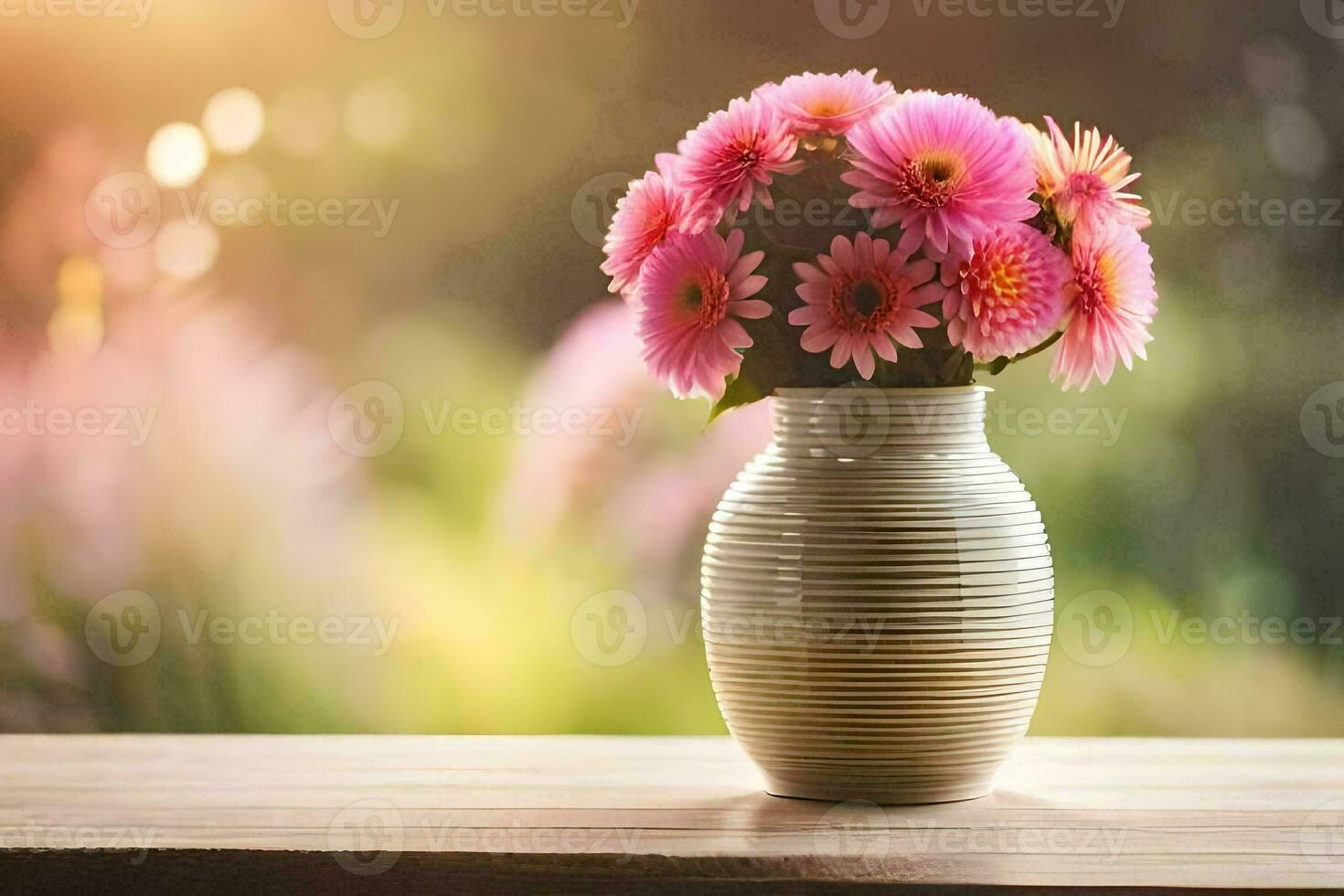 a vase with pink flowers on a table in front of a blurred background. AI-Generated photo