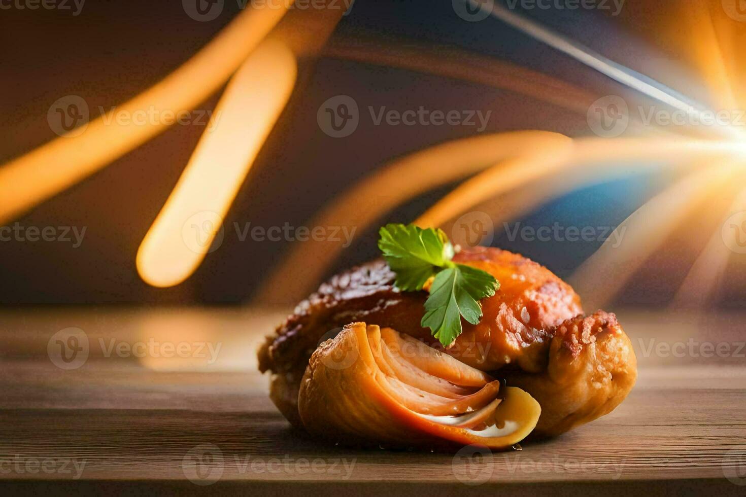 a piece of meat on a wooden table with a blurry background. AI-Generated photo