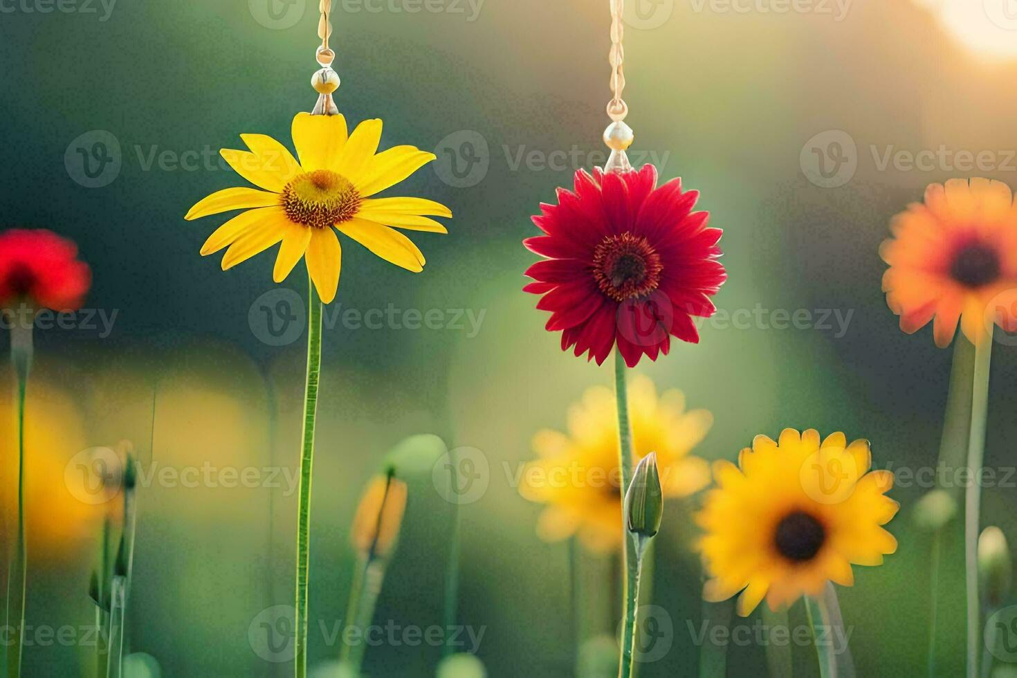 two colorful flowers hanging from a string in a field. AI-Generated photo