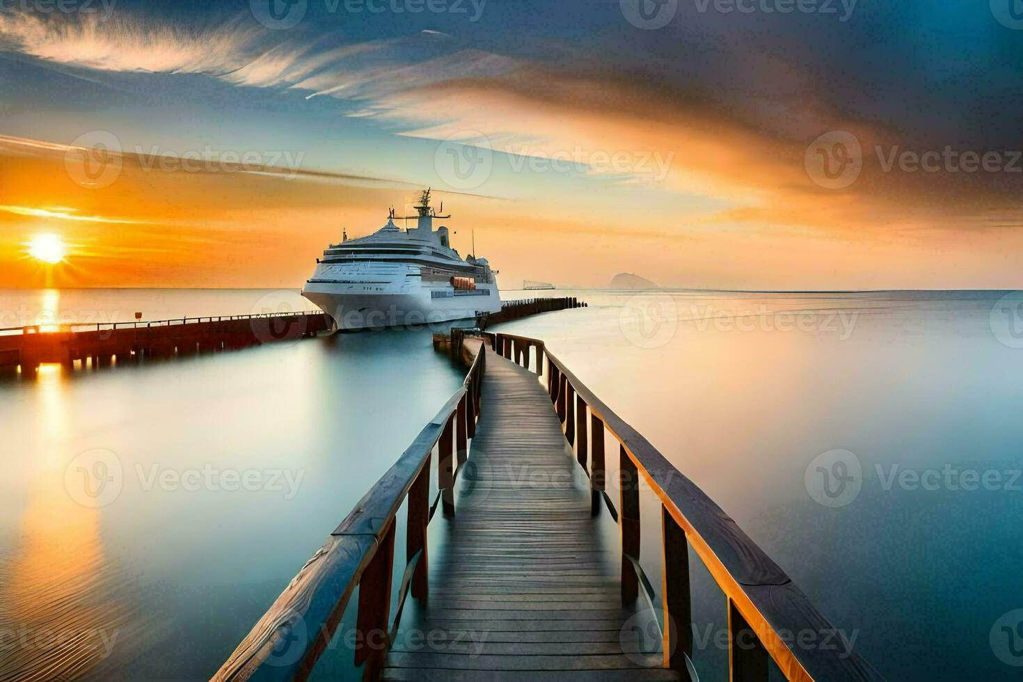 a cruise ship docked at the end of a pier. AI-Generated photo