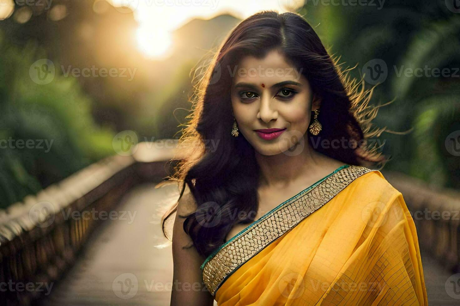 an indian woman in a yellow sari. AI-Generated photo