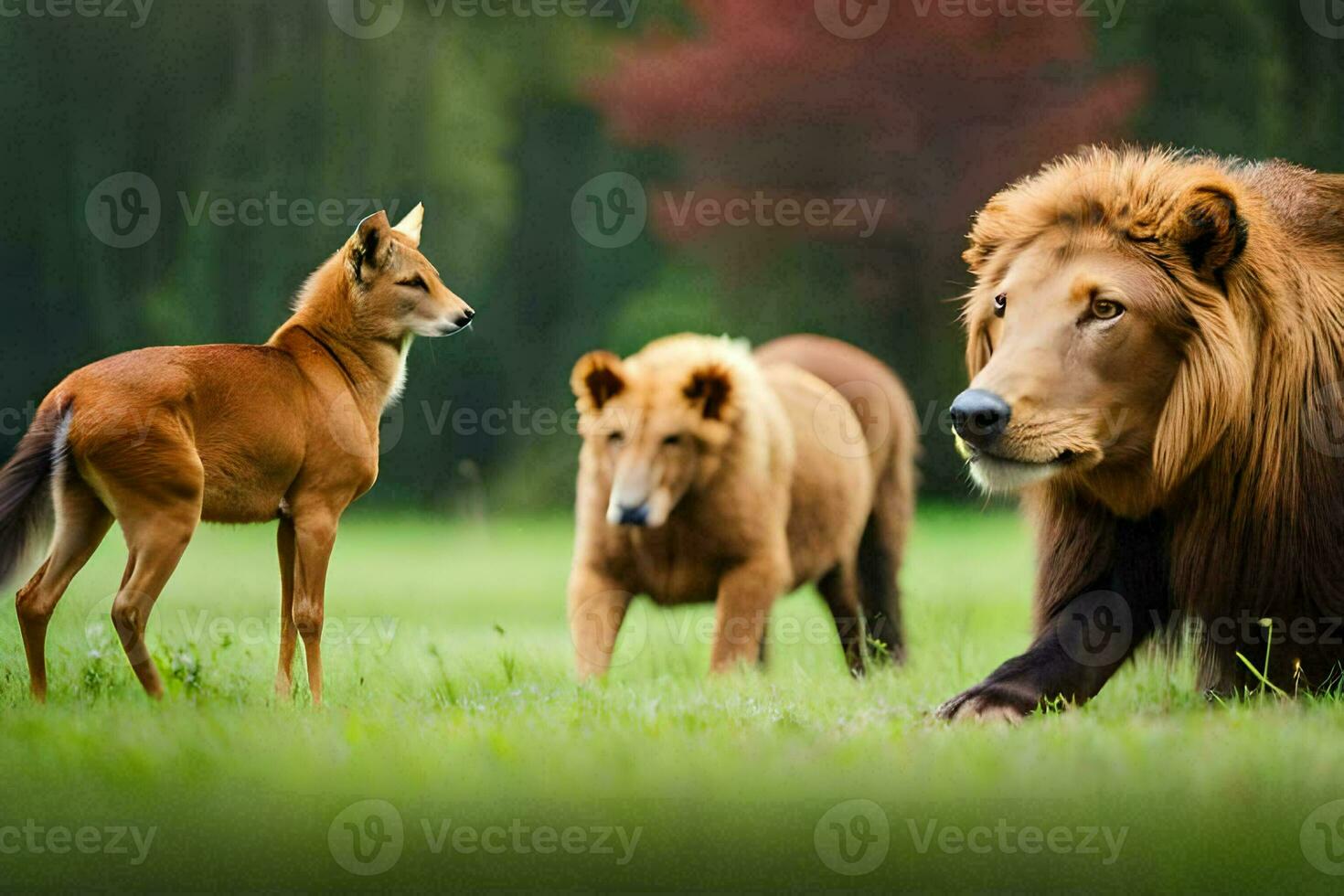 un león, un ciervo y un gacela en un campo. generado por ai foto