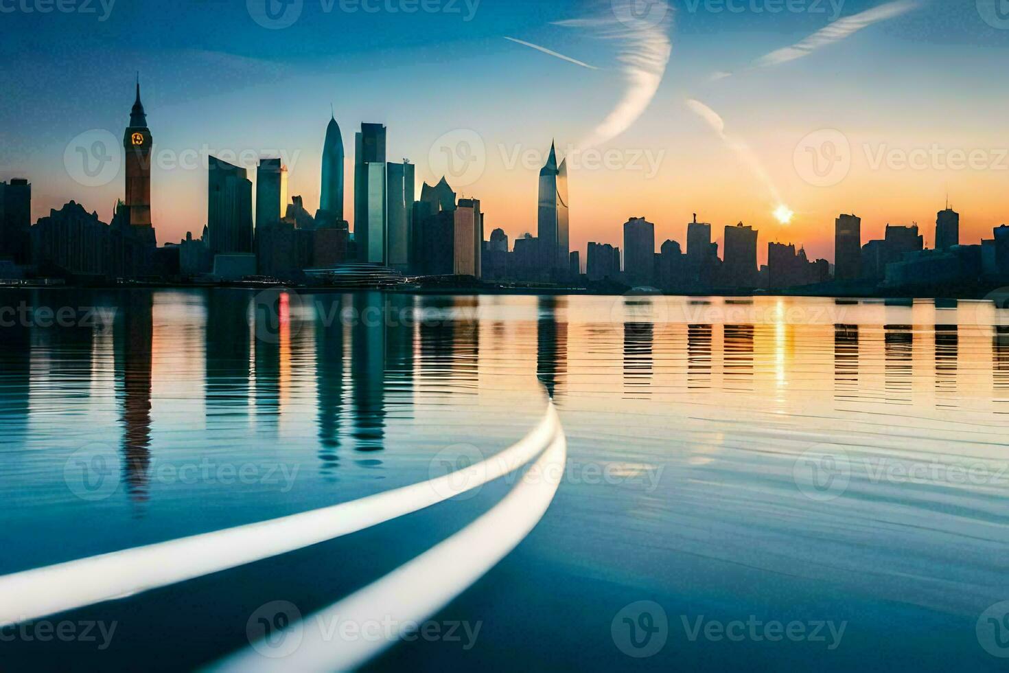 the city skyline is reflected in the water at sunset. AI-Generated photo