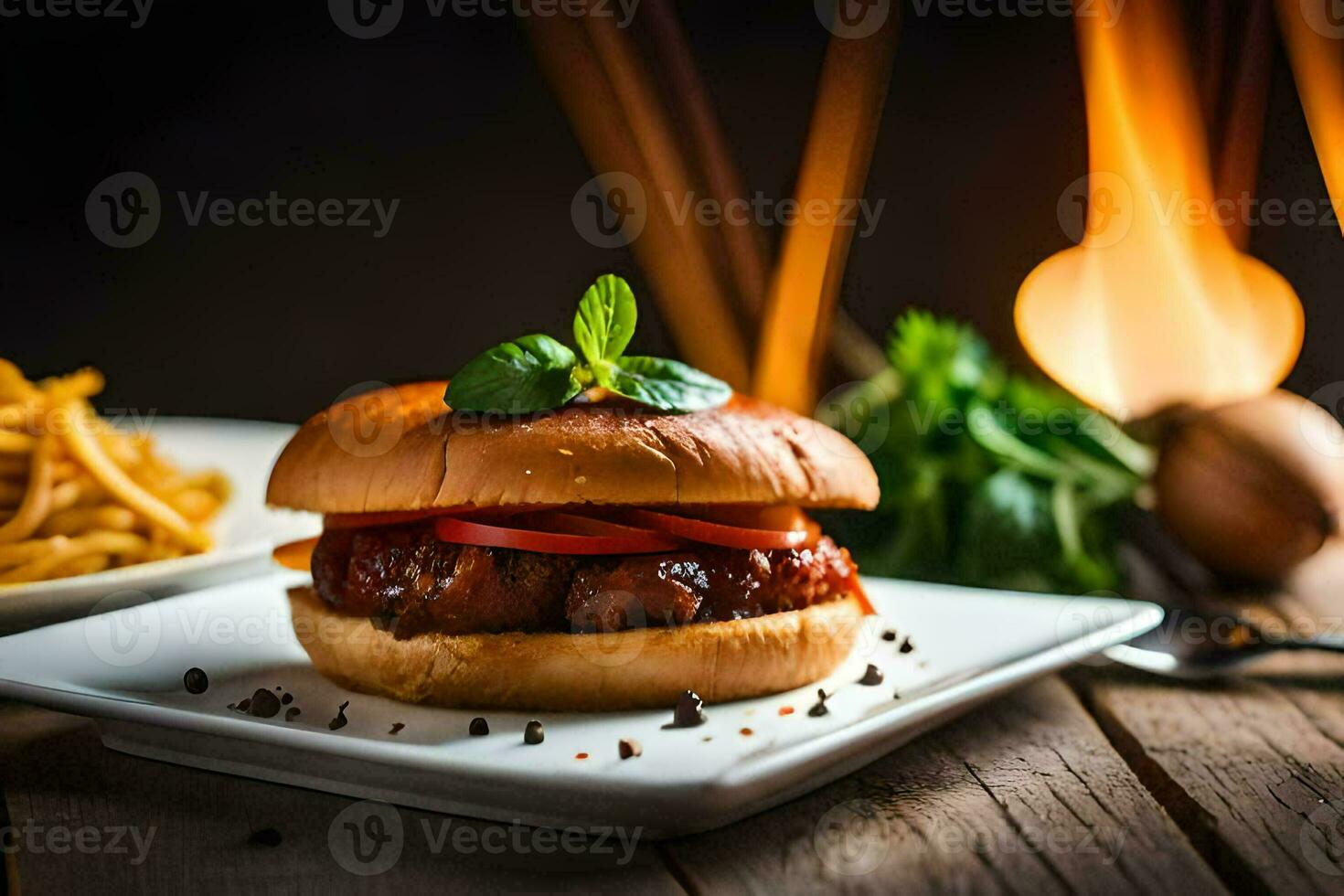 a hamburger with sauce and vegetables on a plate. AI-Generated photo