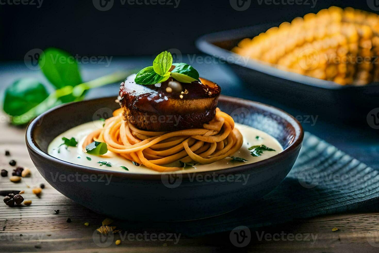 a bowl of spaghetti with meatballs and a bowl of corn. AI-Generated photo
