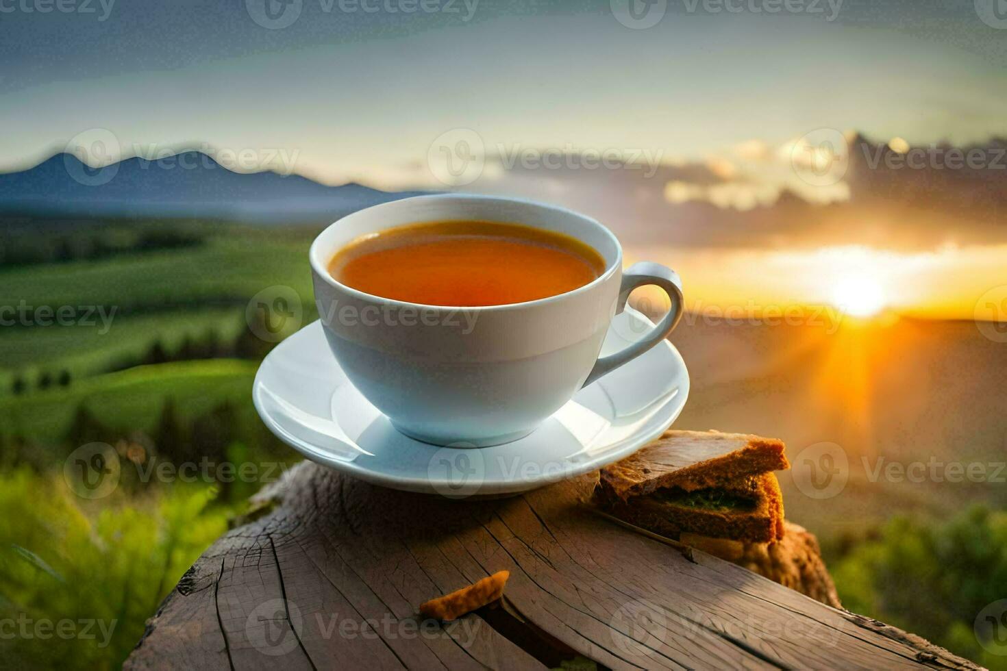 a cup of tea on a wooden table with a view of the sunset. AI-Generated photo