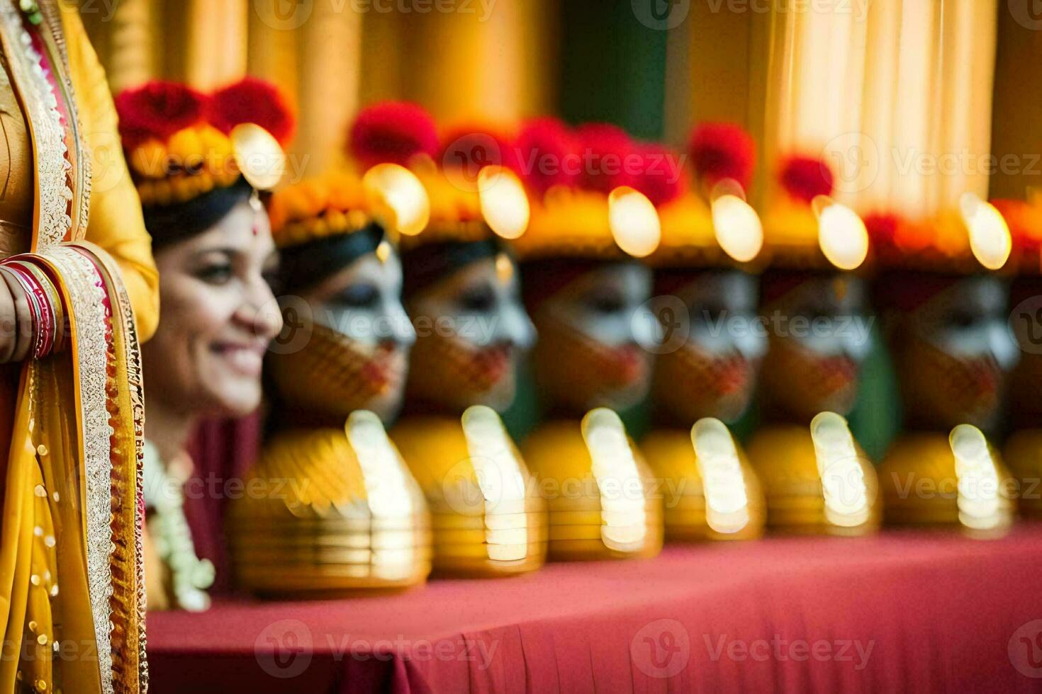 un mujer en un amarillo sari es participación un vela. generado por ai foto