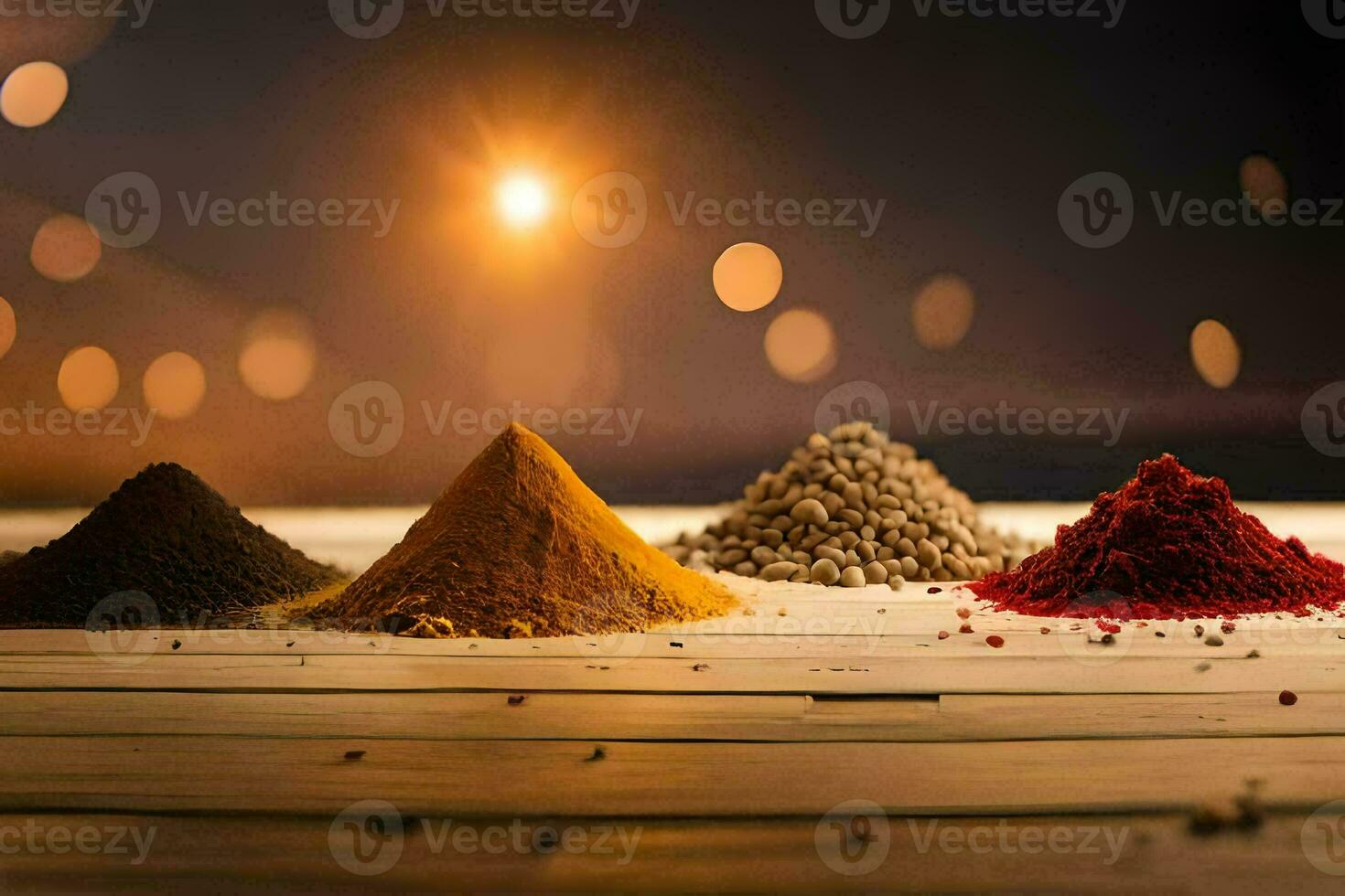 a variety of spices on a wooden table. AI-Generated photo