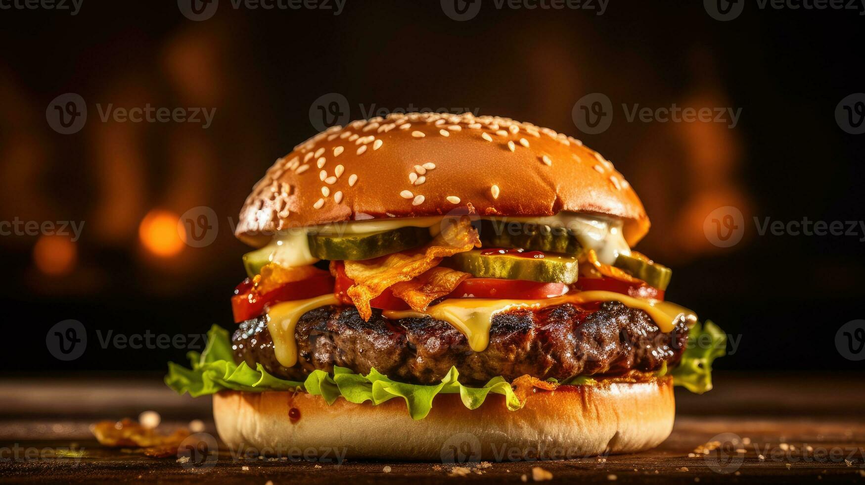 Close-up of fresh tasty burger on dark background. AI Generated photo