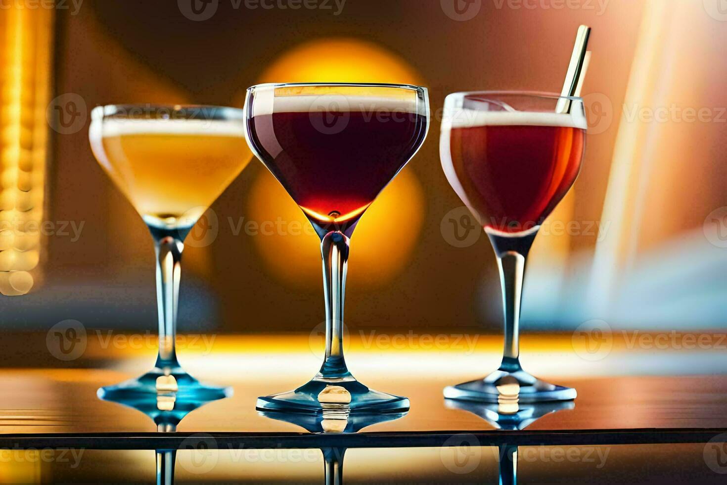 three glasses of different colored drinks on a table. AI-Generated photo