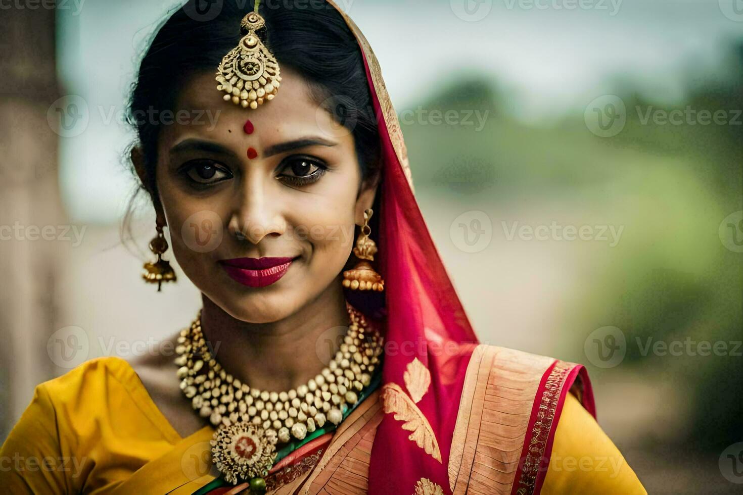 a woman in a traditional sari poses for a portrait. AI-Generated photo