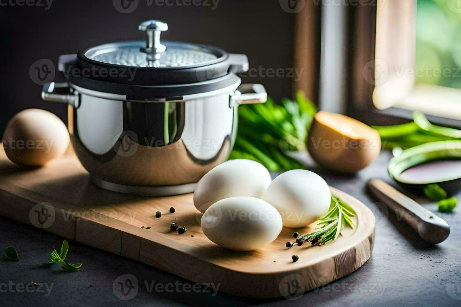 eggs on a cutting board next to a pot. AI-Generated photo