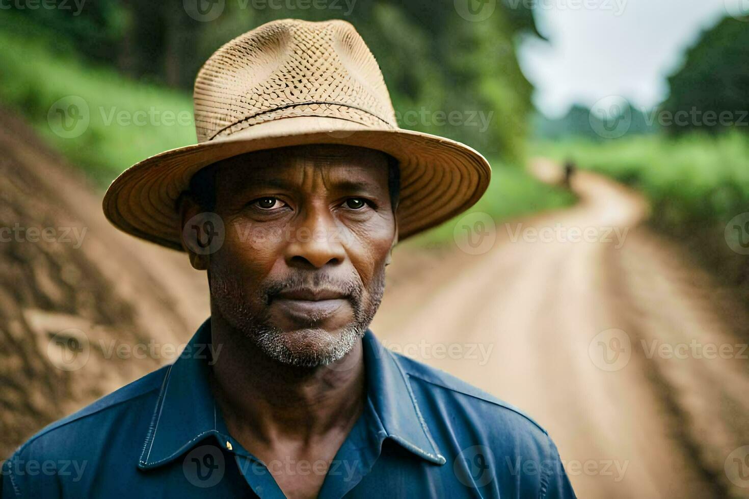 a man in a hat stands on a dirt road. AI-Generated photo