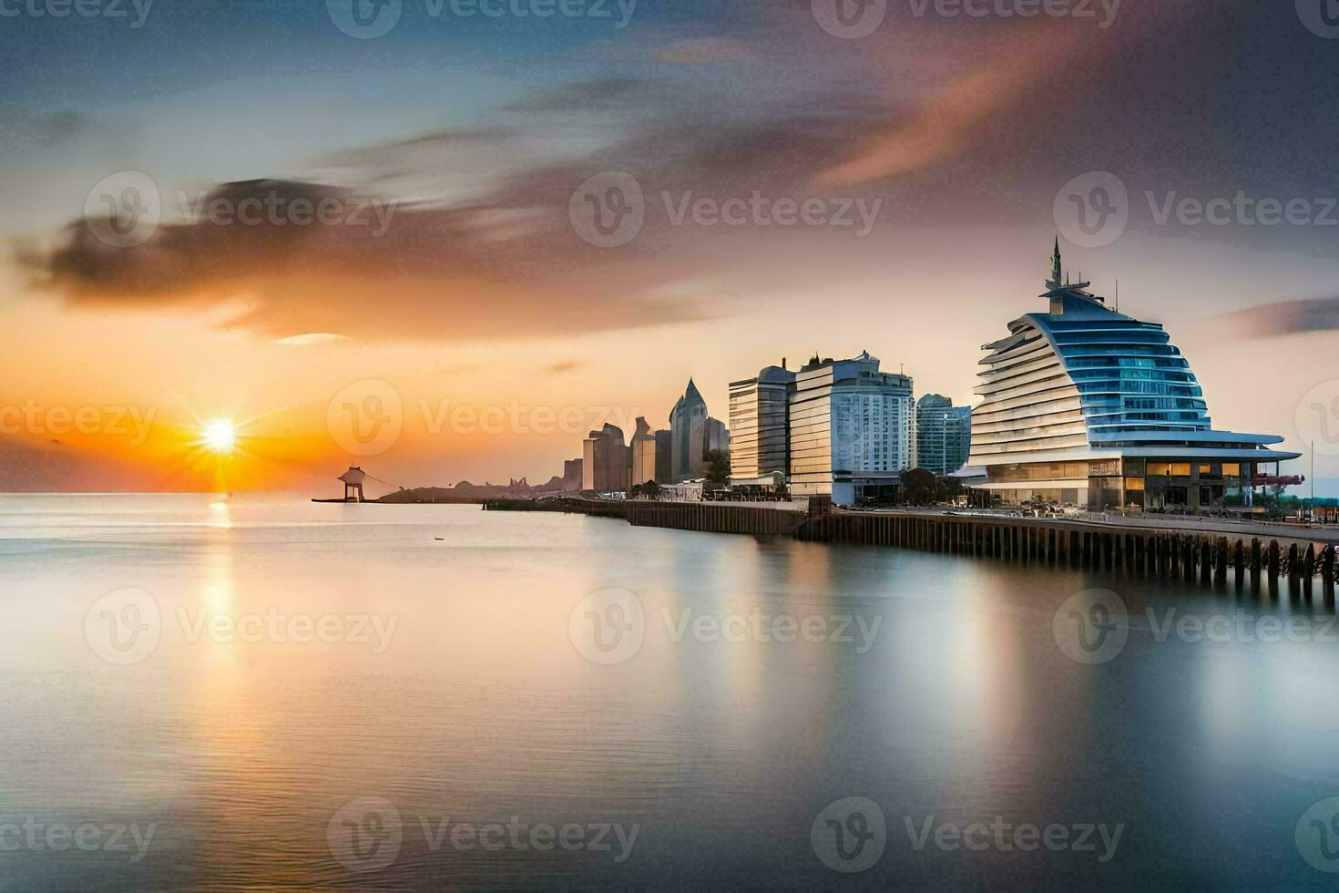 the sun sets over a city skyline and the water. AI-Generated photo