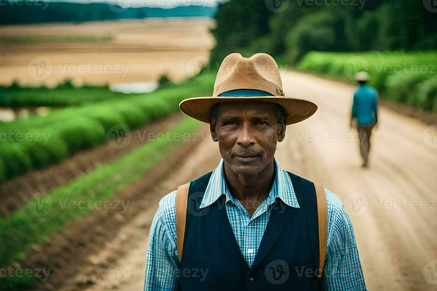 a man in a hat and vest standing on a dirt road. AI-Generated photo