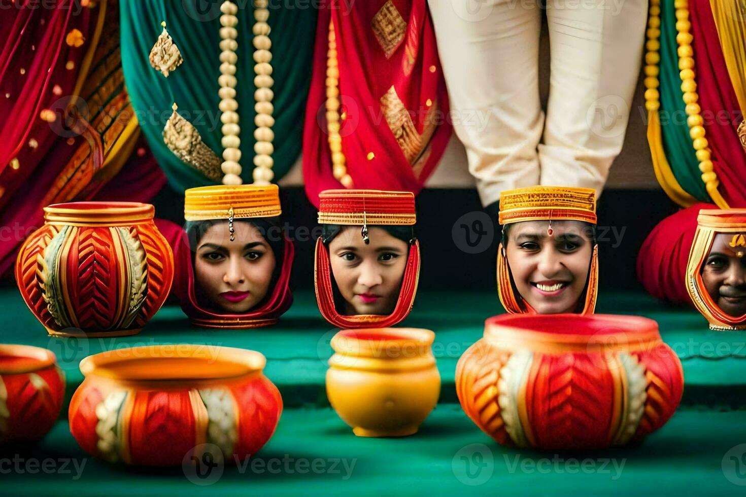 a group of people wearing colorful headdresses and pots. AI-Generated photo