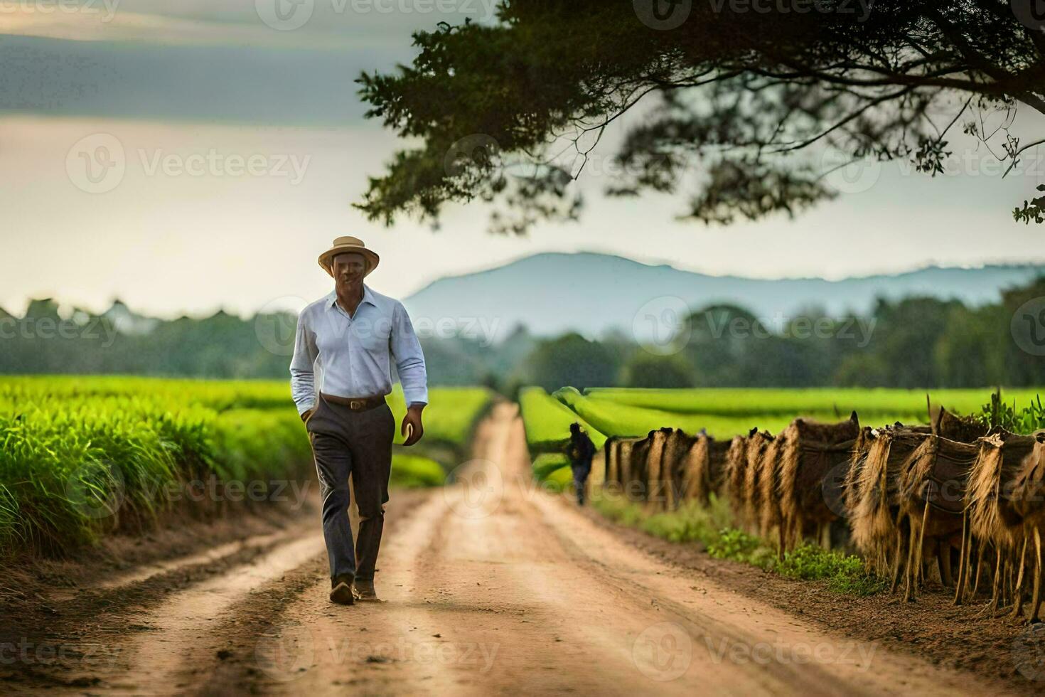 a man walking down a dirt road in a field. AI-Generated photo
