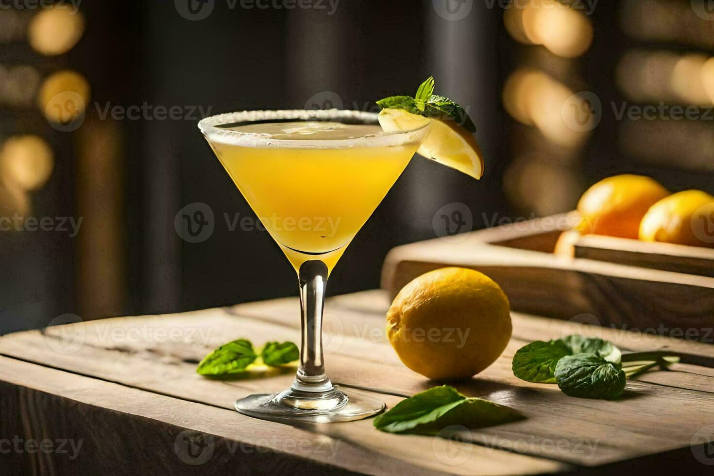 a cocktail with lemon and mint on a wooden table. AI-Generated photo