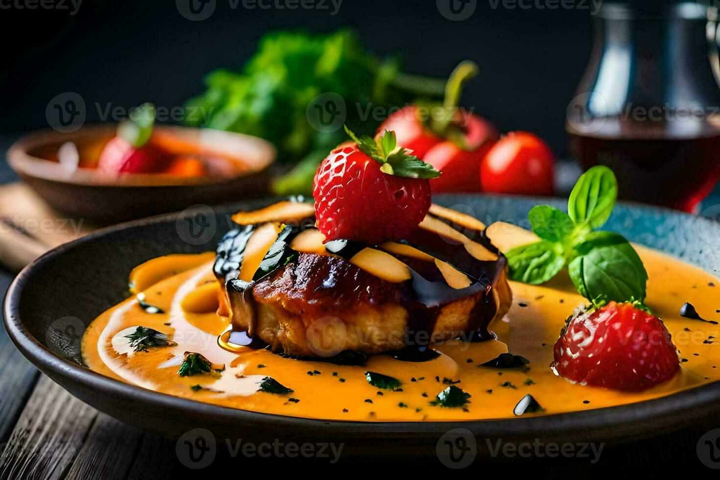 a plate with a dessert and strawberries. AI-Generated photo