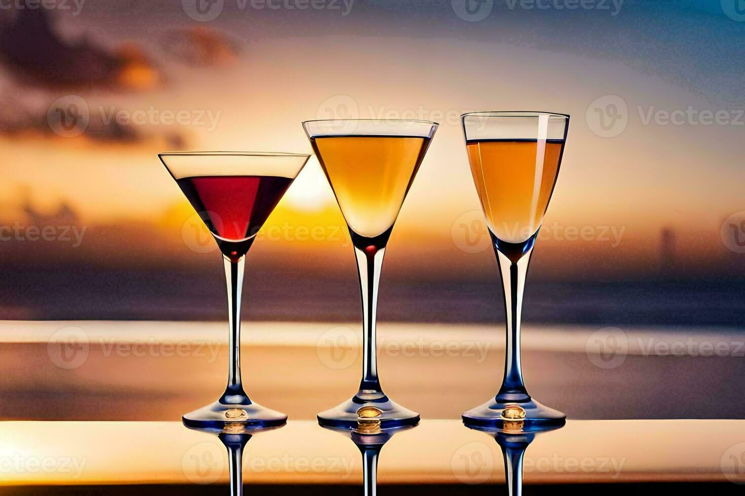 three glasses of wine on a table with the sun setting behind them. AI-Generated photo