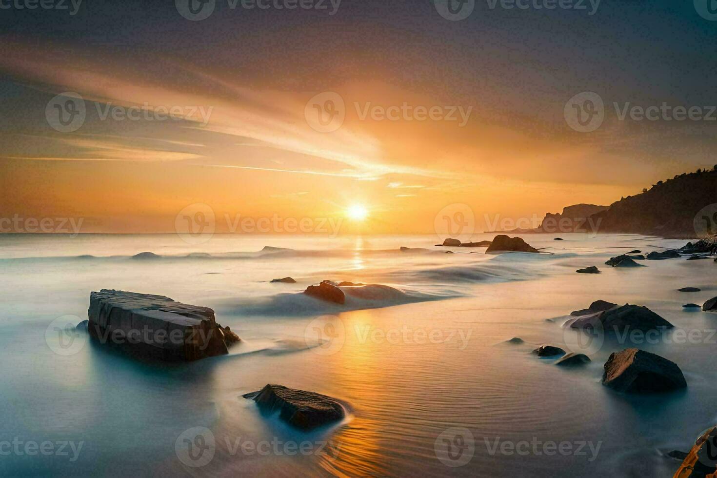 the sun sets over the ocean and rocks. AI-Generated photo