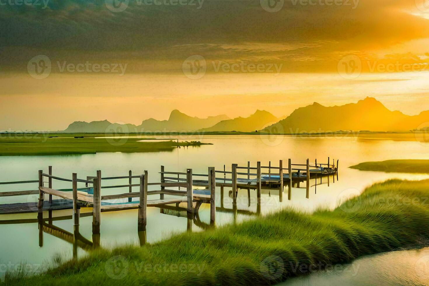 a dock in the middle of a lake with mountains in the background. AI-Generated photo
