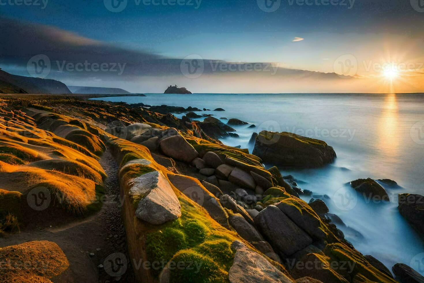 the sun sets over the ocean and rocks. AI-Generated photo