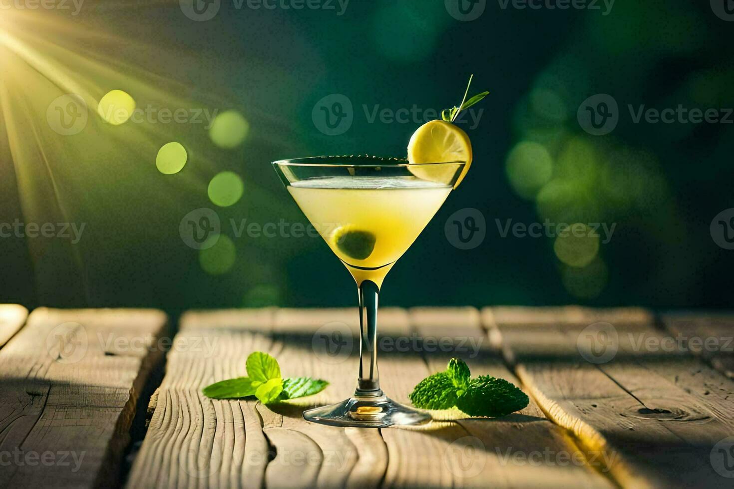 cocktail on a wooden table with sun shining. AI-Generated photo