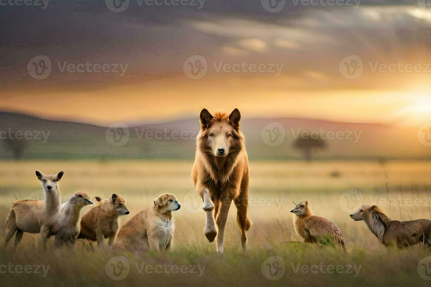 a wolf and her puppies in the wild. AI-Generated photo