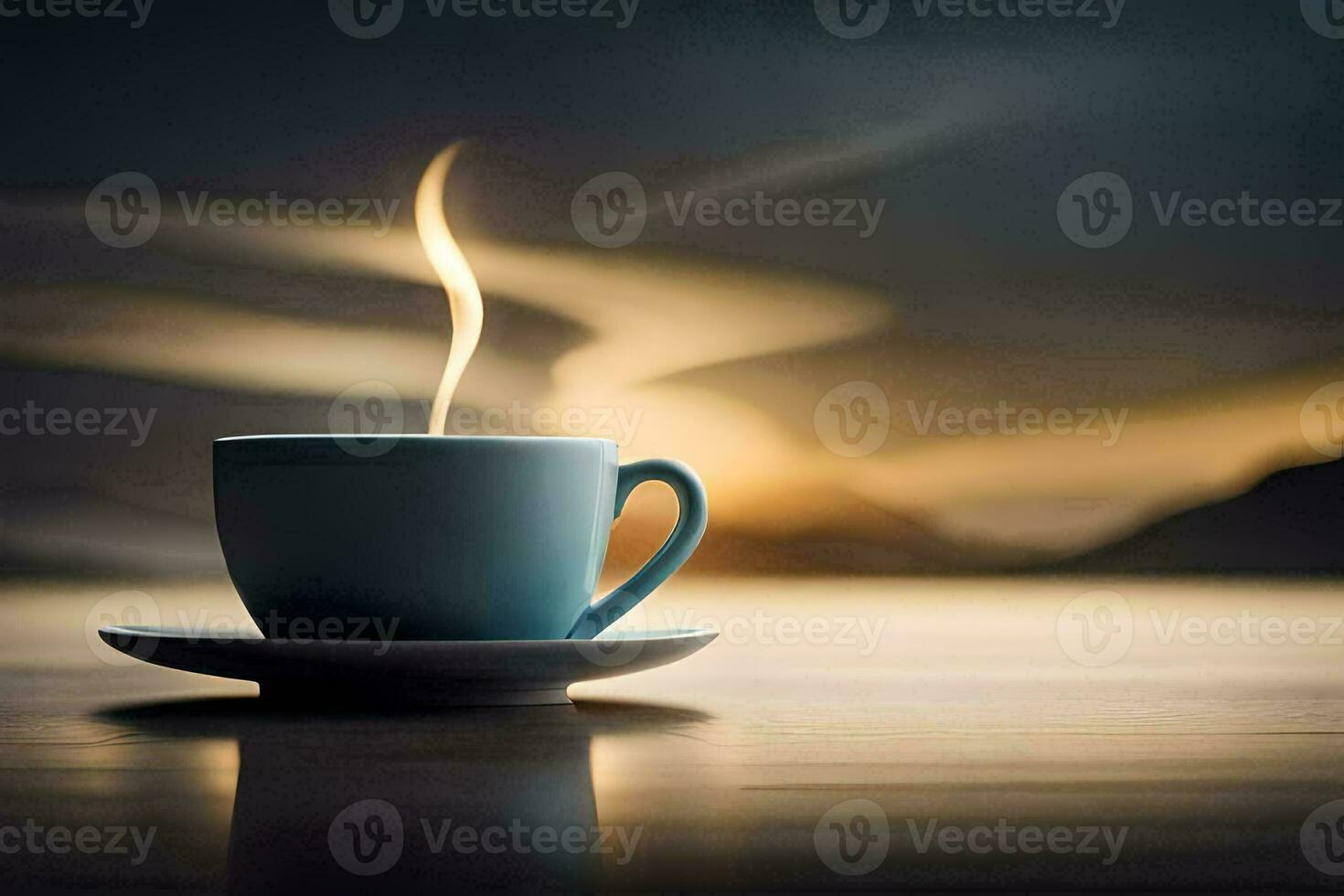 a cup of coffee on a table with a sunset in the background. AI-Generated photo