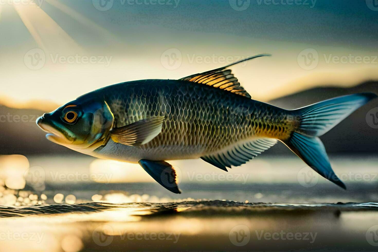 un pescado es saltando fuera de el agua a puesta de sol. generado por ai foto