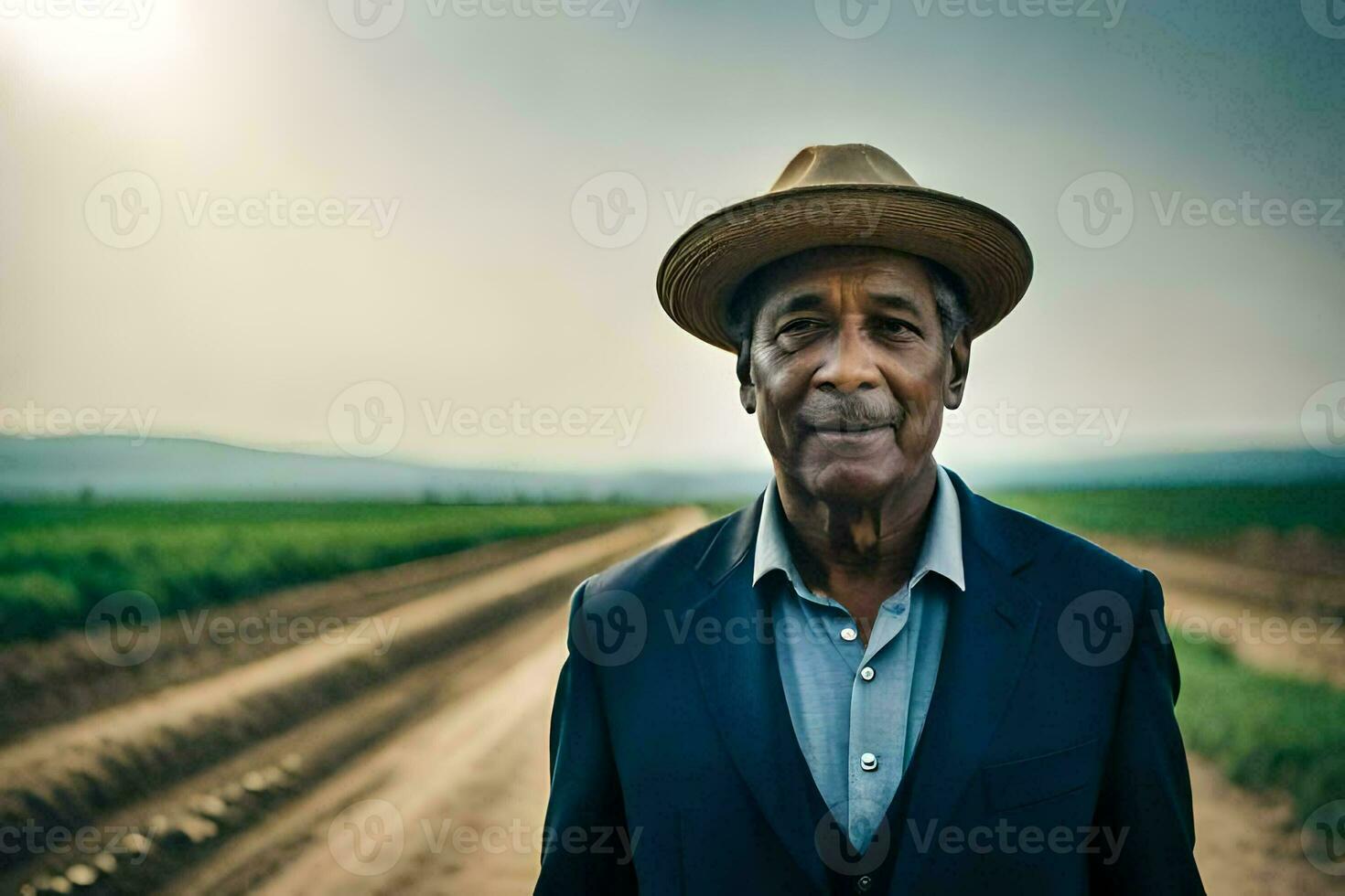 an older man in a hat standing in a field. AI-Generated photo