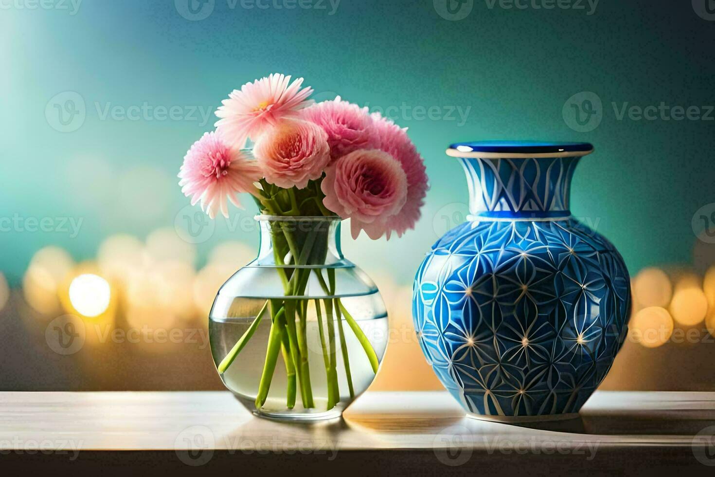 two vases with pink flowers sitting on a table. AI-Generated photo