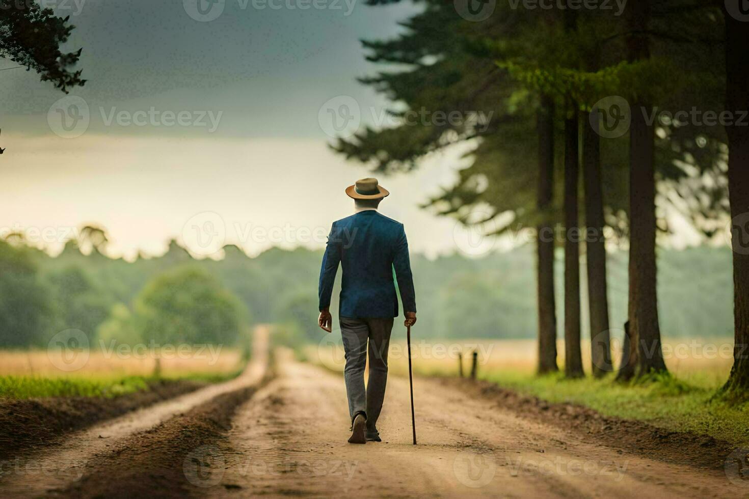 a man in a suit and hat walking down a dirt road. AI-Generated photo