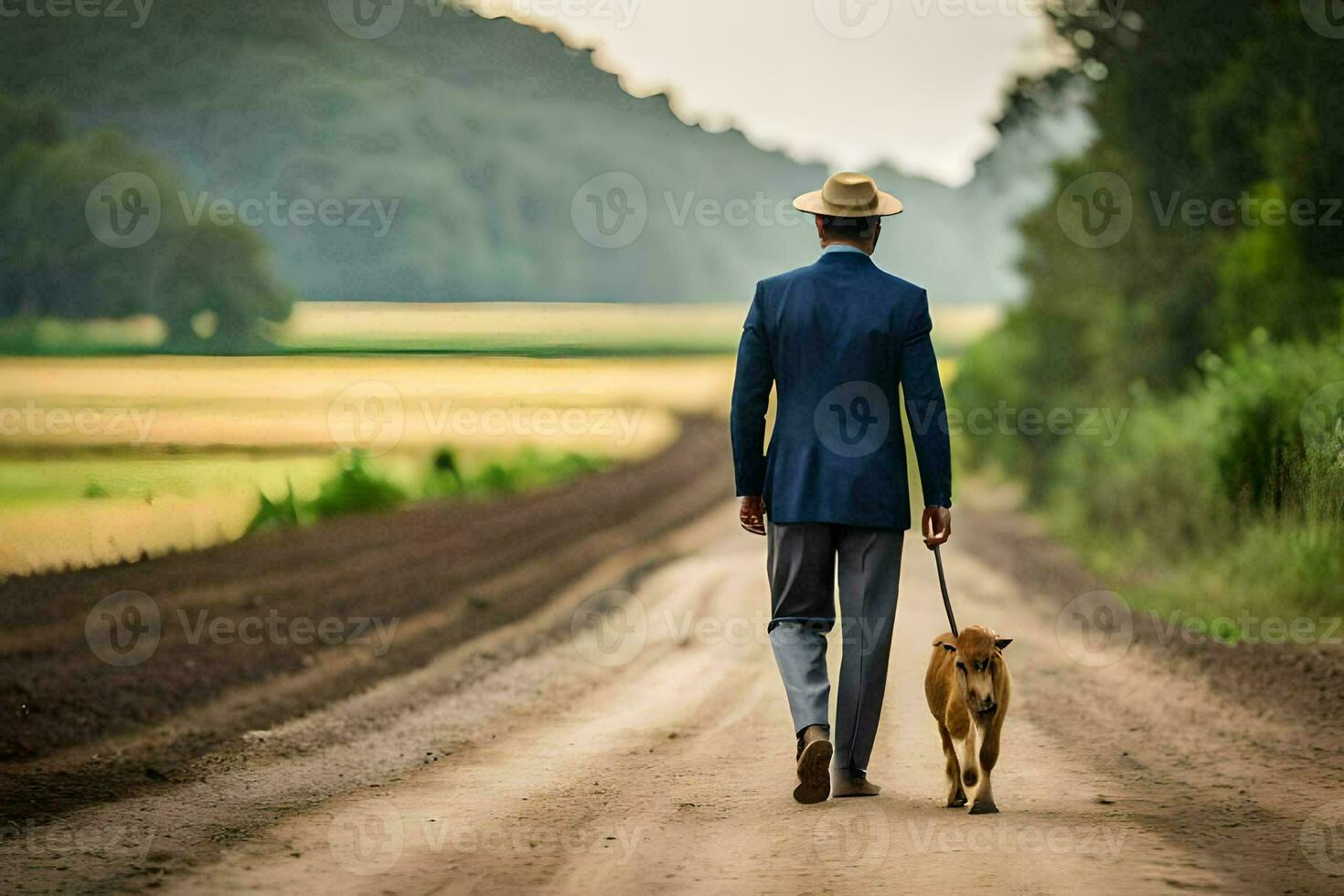 un hombre en un traje y sombrero caminando su perro abajo un suciedad la carretera. generado por ai foto