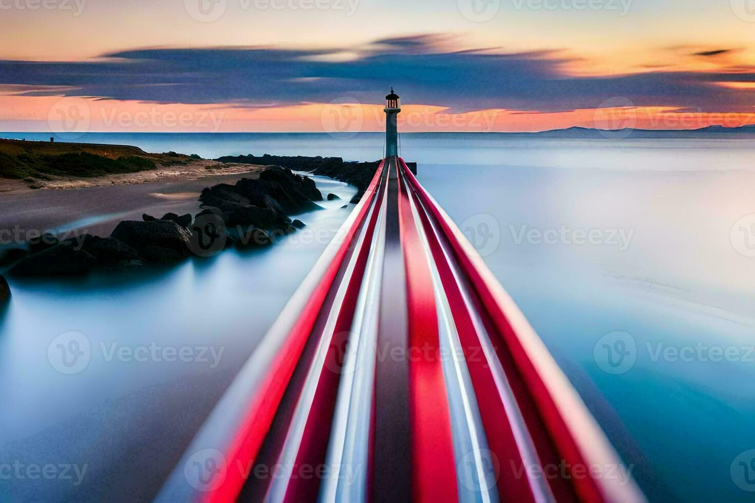 a long exposure photograph of a lighthouse at sunset. AI-Generated photo