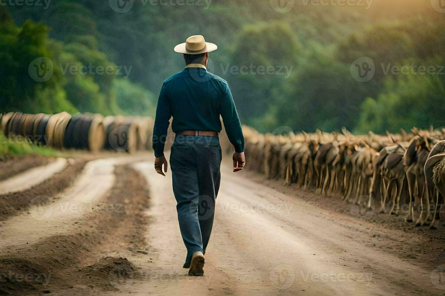 un hombre en un sombrero camina abajo un suciedad la carretera con un manada de ganado. generado por ai foto