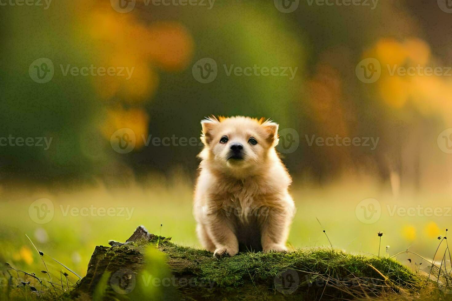 a puppy sitting on top of a rock in a field. AI-Generated photo