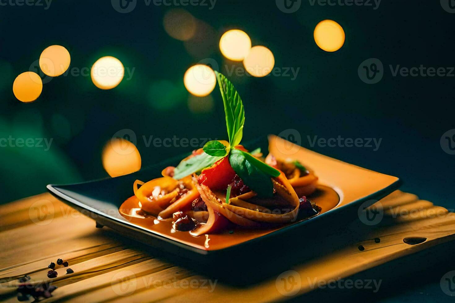 a plate of pasta with tomato sauce and basil leaves. AI-Generated photo