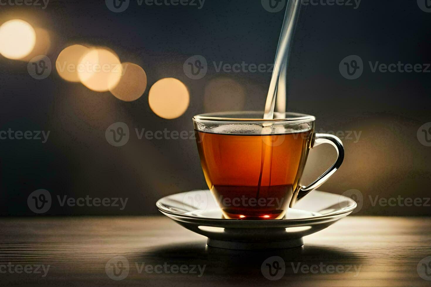 a cup of tea on a saucer with a light background. AI-Generated photo