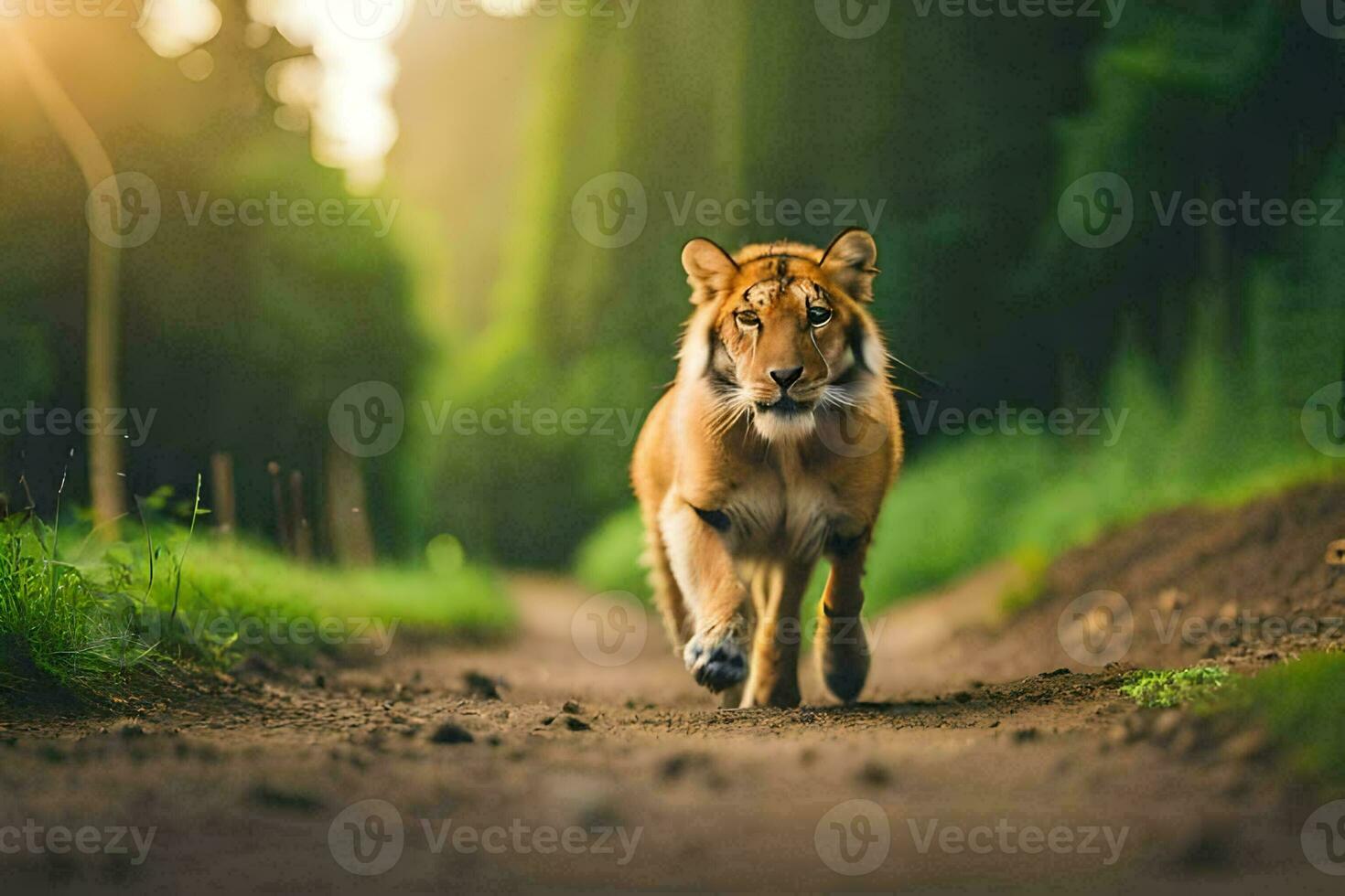 un Tigre caminando abajo un suciedad la carretera en el bosque. generado por ai foto