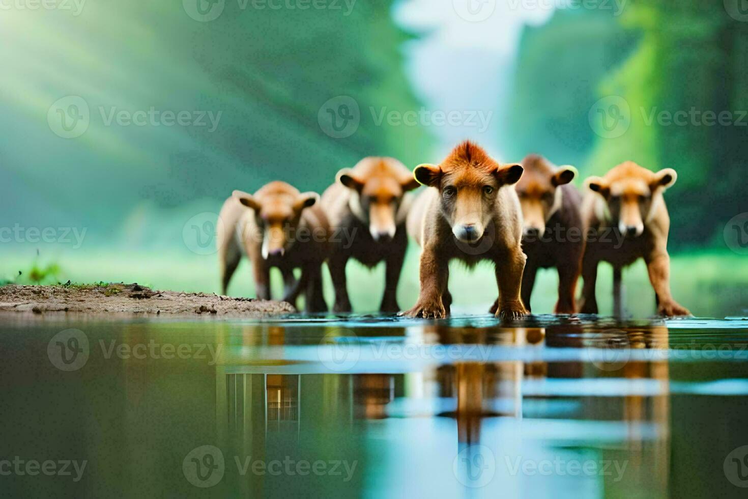 a group of brown bears walking across a river. AI-Generated photo