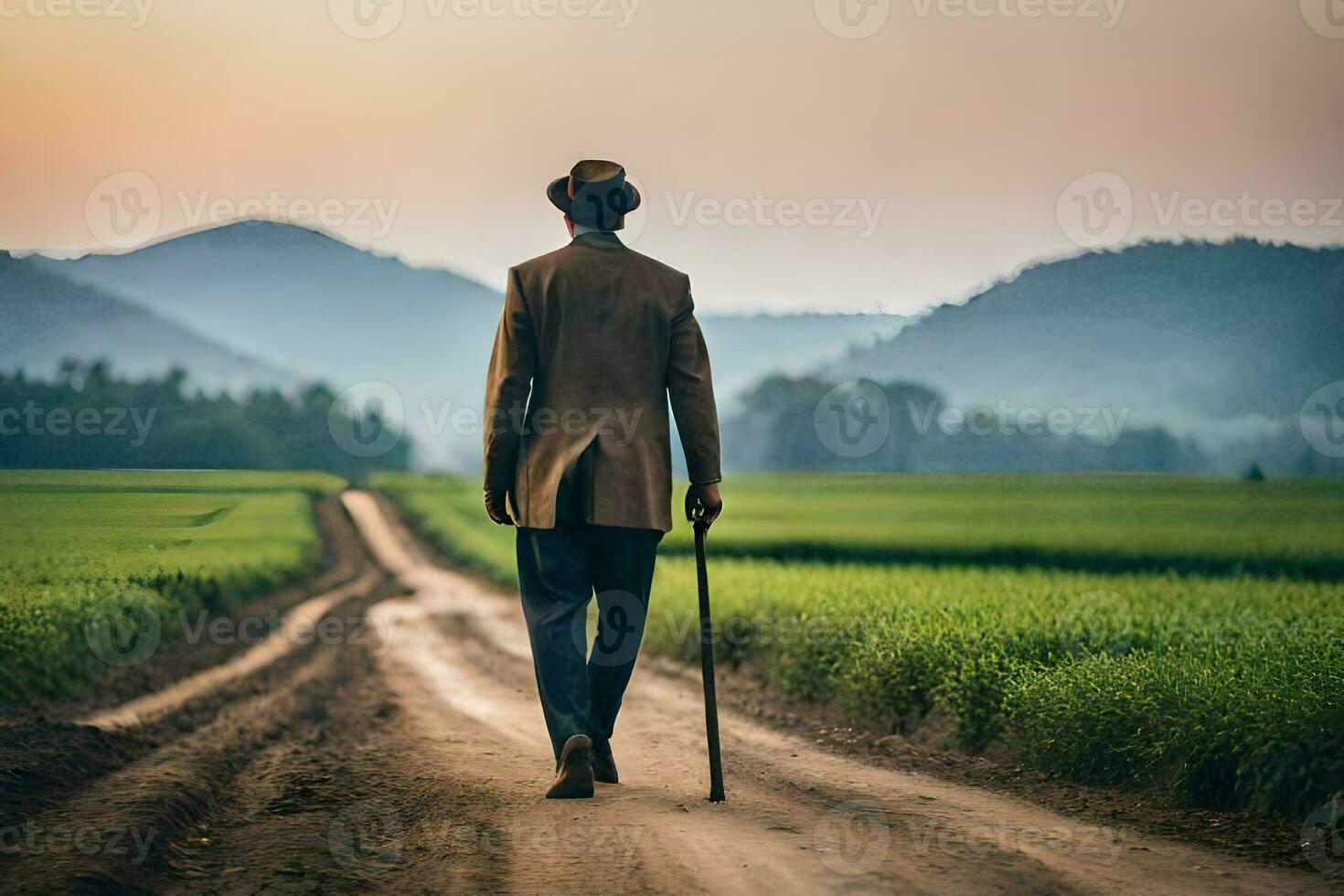 a man walking down a dirt road with a cane. AI-Generated photo