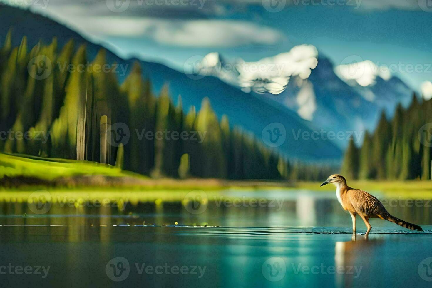 a bird standing in the water near a mountain. AI-Generated photo