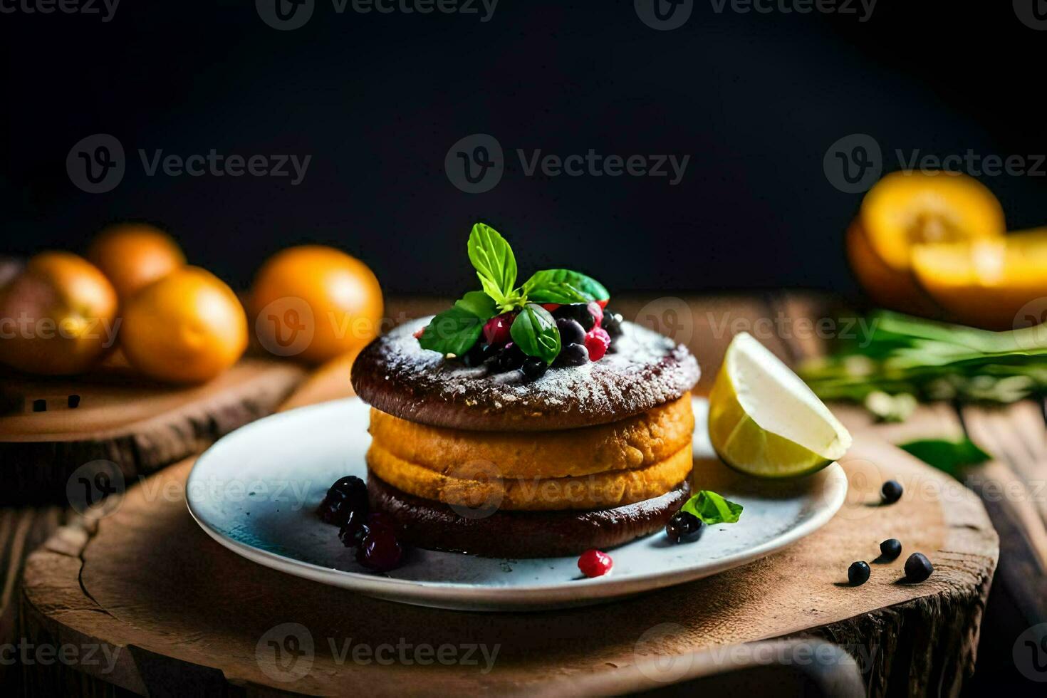 pancakes on a plate with lemon and mint. AI-Generated photo
