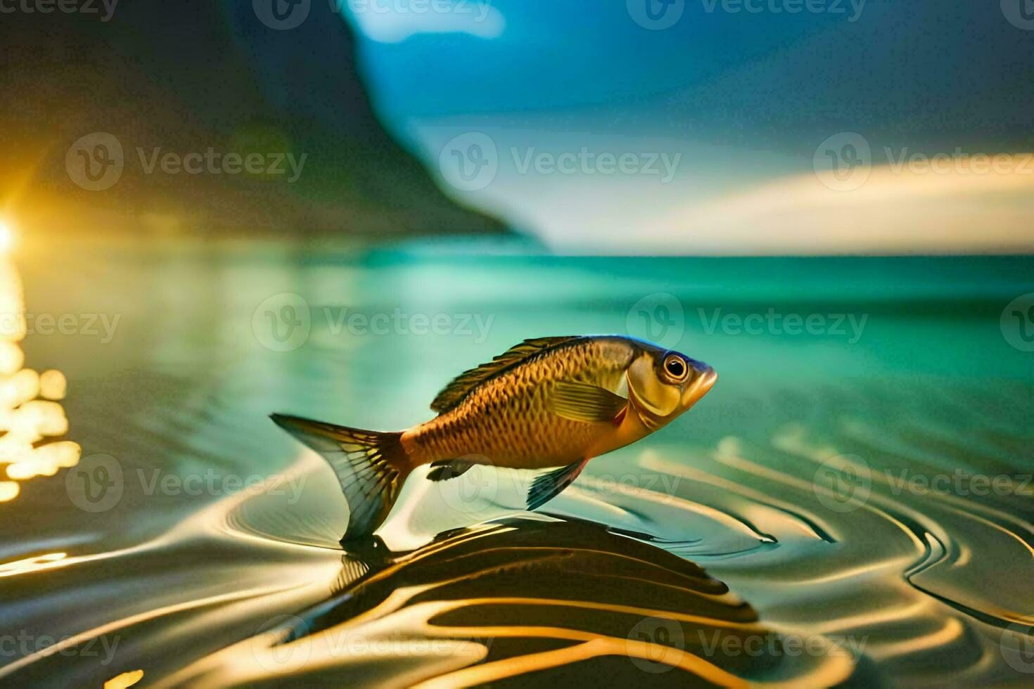 a fish is standing on the beach at sunset. AI-Generated photo